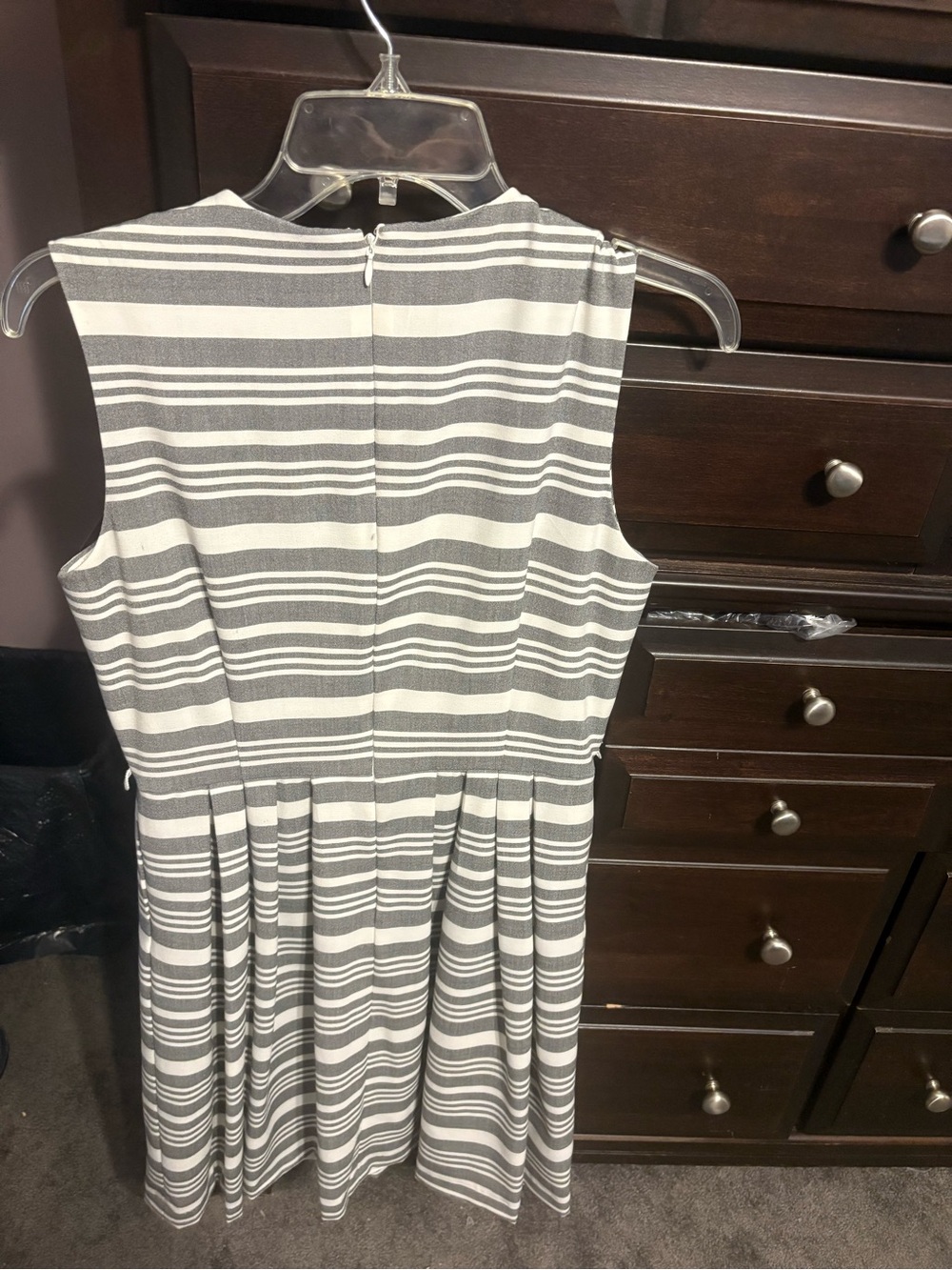 Calvin Klein Gray and White Striped Sleeveless Pleated Dress